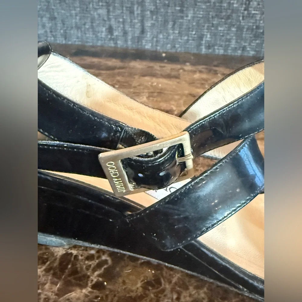 Jimmy Choo. Black Patent Connor Wedge Sandals. Size 37.
